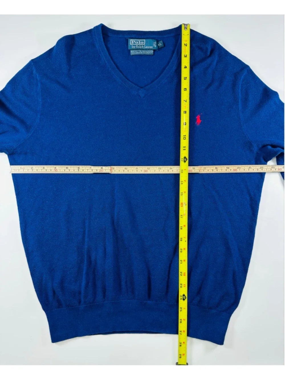Vintage Polo Ralph Lauren Blue Cotton Cashmere V-Neck Sweater XL Red Pony